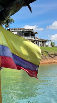 Colombian Flag Waving Abandoned Pablo Escobar House Ruins Lake Colombia