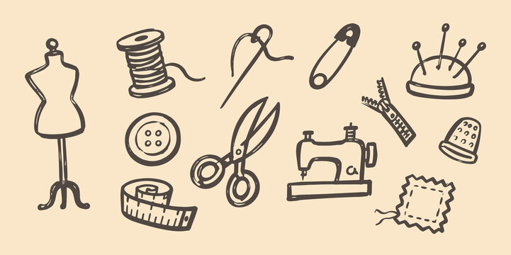 Sewing Tools Doodle Set Vector Illustration