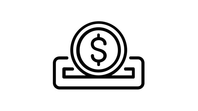 Clean flat vector line icon featuring a coin falling into a pay slot for vending purchases, meter fees, ticket machines, and payment design.