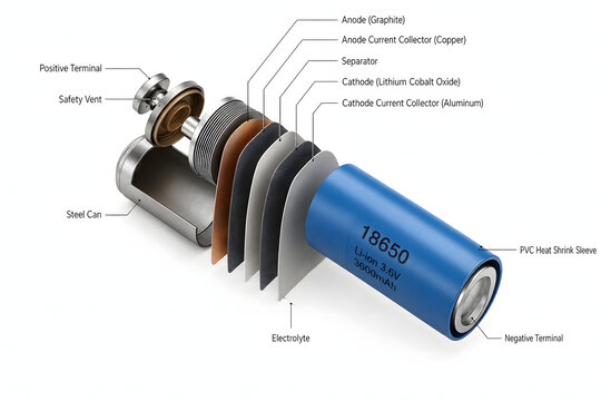 Lithium-Ion Battery Cell Exploded View Diagram 3D Render White Background