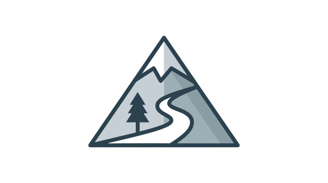 Mountain landscape icon with snowy peak tree and winding road path in flat vector graphic.