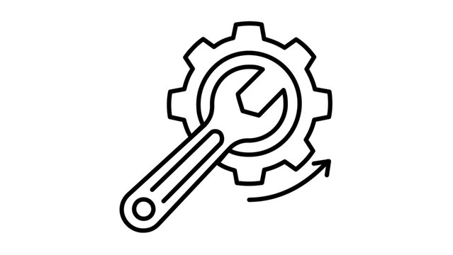 Minimal clean flat vector line icon showing a wrench, gear, and furniture assembly guide for installation help, hardware labels, and support pages.