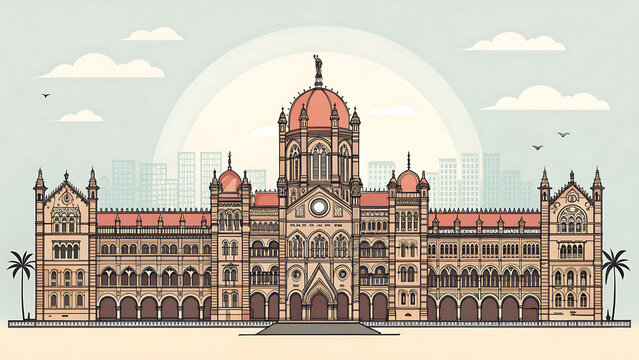 Chhatrapati Shivaji Maharaj Terminus, Mumbai, India, modern limited color vector illustration