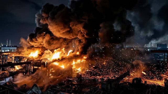 Large industrial factory building burning with massive explosion. Night air strike causing ruin and destruction. War disaster scene with heavy black smoke and fire.