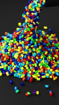 Black polypropylene plastic granules pouring from a cup onto a resin pellet pile on black background, 3D render dynamic Vertical video.