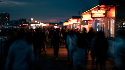 Obraz premium A busy and crowded ferry dock is illuminated with signs under a gentle breeze capturing the dynamic atmosphere of maritime travel