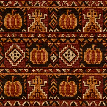 Seamless Halloween Embroidery Pattern Background with Pumpkin Motif, Folklore Style Needlework Textile, Autumn Harvest Ethnic Fabric Print, Jack O'Lantern Handmade Design