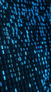 Abstract blue binary symbols flowing as computer code, blockchain database and big data matrix seamless loop. Vertical video.