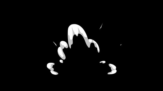 Cartoon explosion 4k smoke and fire animation, dust puff blast with shockwave stream, realistic comic flash frame by frame, alpha channel loop motion vfx for game, video and film production