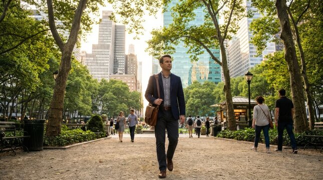 Man Commuting Through Urban Park on Sunny Day
