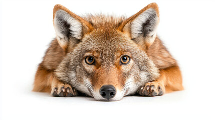 Fototapeta premium Close up of fox resting white background, showcasing its striking eyes and detailed fur. fox appears calm and curious, embodying sense