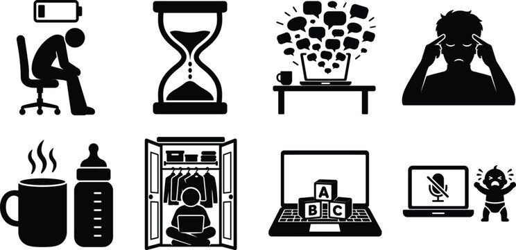 Collection of eight dark toned figures depicting work life balance and mental wellbeing challenges workload exhaustion time management stress anxiety