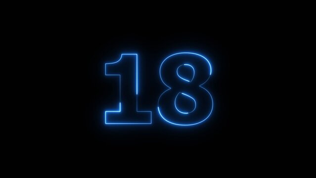 Abstract beautiful blue neon 18 number icon illustration background. Glowing neon countdown number sign background.