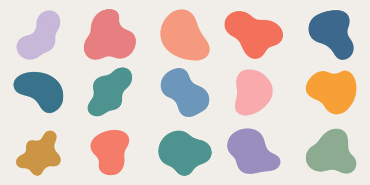 Abstract minimalist organic liquid blob shapes set with retro pastel colors on cream background