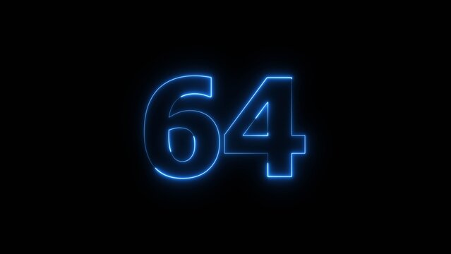 Abstract beautiful blue neon 64 number icon illustration background. Glowing neon countdown number sign background.