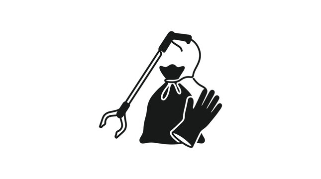 A black and white icon depicting a trash picker tool a garbage bag and a protective glove.