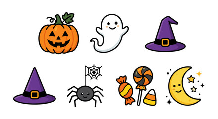 Obraz premium Cute Halloween icon set: Pumpkin, Ghost, Witch's Hat, Spider, Candy, Moon, and Stars.