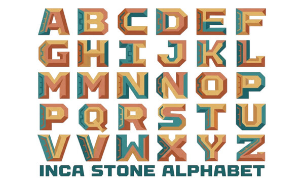 Native American tribal style outline alphabet vector font set, featuring traditional inca aztec geometric pattern letters