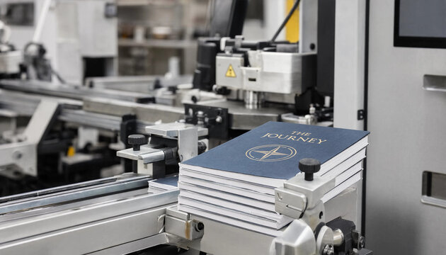 Stack of books titled the journey on a mechanical conveyor belt system in a printing factory with industrial machinery and metal components