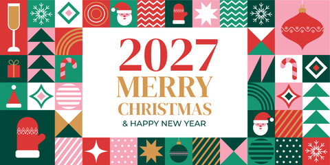 Fototapeta premium 2027 Merry Christmas and Happy New Year Greeting Card Banner with Geometric Festive Ornaments, Santa, Snowflakes, Candy Cane, Christmas Tree and Holiday Decoration in Modern Flat Vector Style