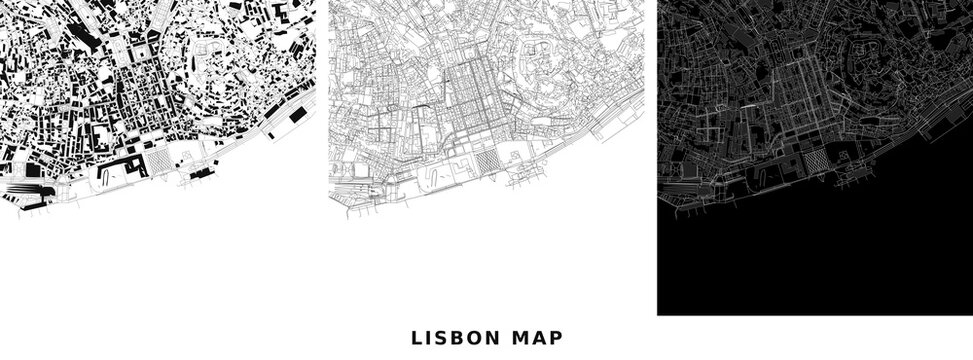 Lisbon city map, portugal, urban street plan, vector illustration of city layout, black and white design, cartography, travel poster