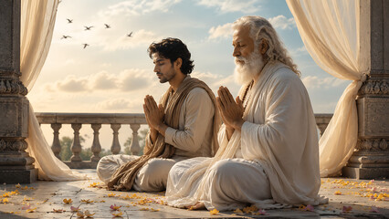 Fototapeta premium Elder guru and disciple meditating together during guru purnima hindu relegious festival on sunlit temple balcony with peaceful birds and petals around