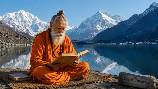 Guru purnima meditation scene with elder sage reading sacred book beside himalayan lake during hindu relegious festival in snowy mountain landscape panorama