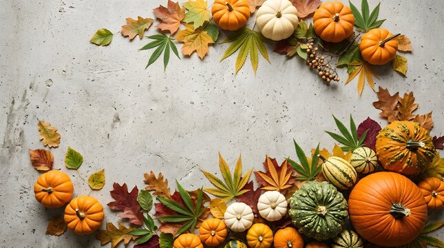 Autumn harvest decor with pumpkins and cannabis leaves on concrete