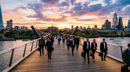 Obraz premium Commuters walking across a bridge in London at sunset, urban street commuting