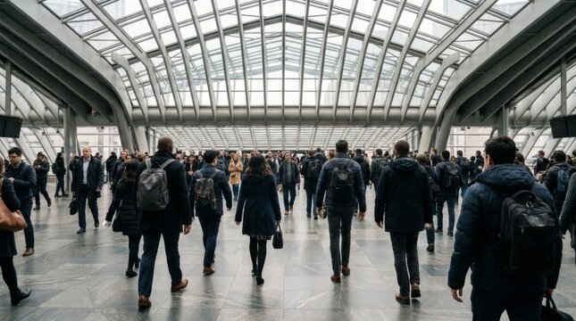 Crowd of commuters walking through a modern train station concourse