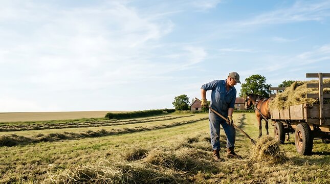 Farmer loading hay onto a horse and wagon in a sunny rural field