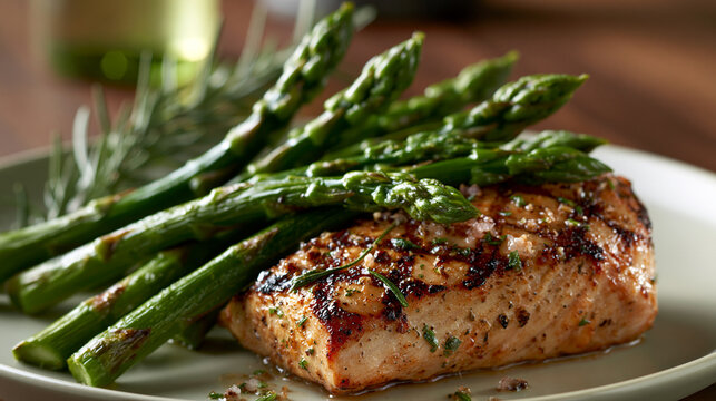 Plate of food with a piece of salmon and asparagus on it. the salmon is cooked to a golden brown color and appears to be seasoned with herbs and spices. the plate is white and has a green rim.