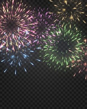 Bright colorful fireworks burst overlay set. Realistic festive firework salute explosions with glowing sparks and light effects on transparent background. Vector holiday illustration.