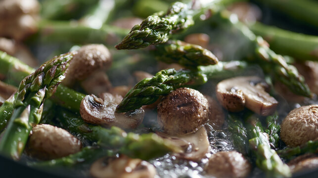 Close-up of a dish of cooked asparagus and mushrooms in a frying pan. the mushrooms are brown and appear to be cooked to perfection, with some of them still attached to the stems.