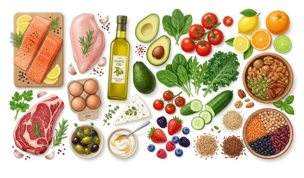 Overhead Mediterranean Diet Food Selection with Raw Protein Fruits Vegetables Nuts and Legumes Vector