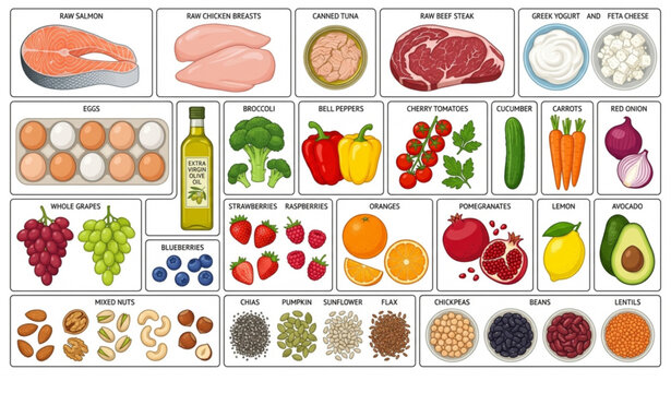 Mediterranean Flexitarian Diet Foods Top View with Protein Fruits Vegetables and Olive Oil Vector Illustration