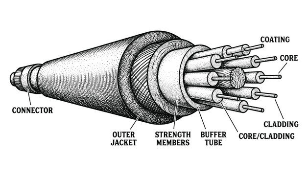 Fiber optic cable cross section diagram vector illustration technical infrastructure network data.