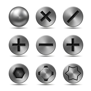 Set of nine metallic screw head icons isolated on white background