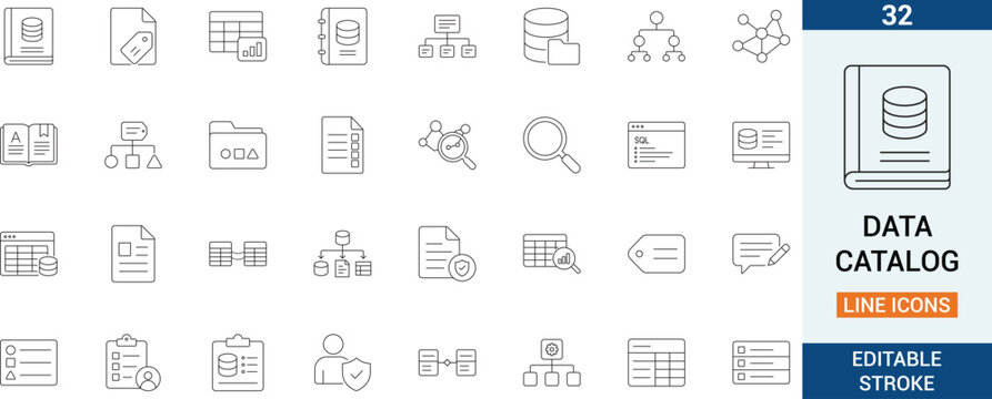 Data catalog vector line icon set. Featuring metadata management diagram, corporate sql database index and information file.
