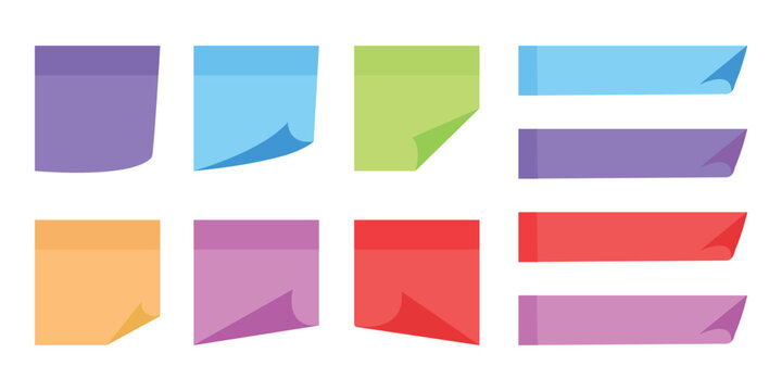 Sticky note reminder. Post it note paper. sheets for notes isolated. Multicolor post-it notes with curled corner and shadows.