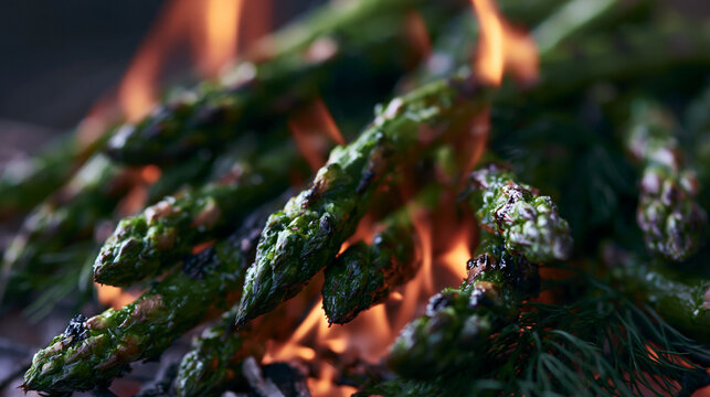 Close-up of a group of cooked asparagus spears on a grill. the spears are dark green in color and appear to be seasoned with herbs and spices.