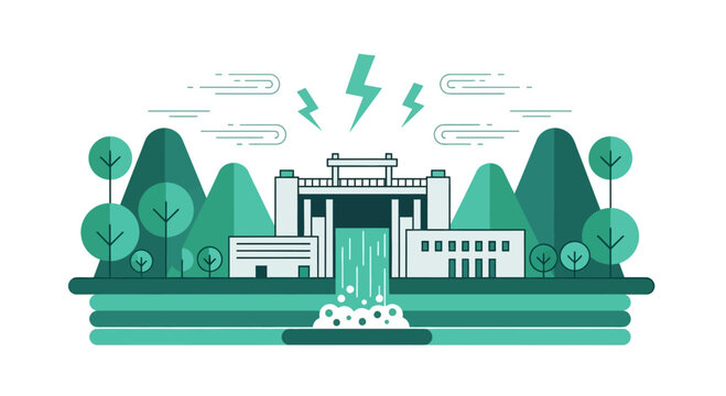 Hydroelectric power plant dam generating electricity vector illustration.