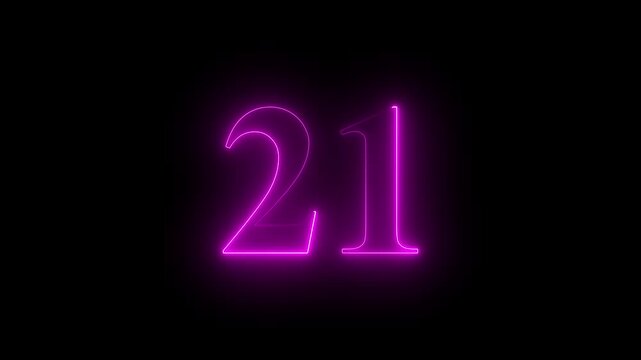 Neon 21 number mathematics text icon animation violet color text on black background.Number 21 vector illustration.