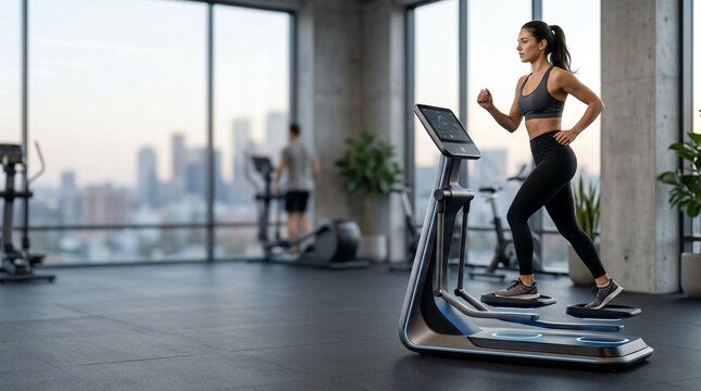 Fit woman running on a modern stepper machine in a stylish gym with city views