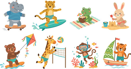 Cute summer wild animals cartoon character set enjoying beach activities and outdoor sports illustration © Afroja