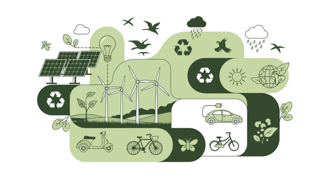 Eco Friendly Sustainability Concept with Green Energy and Sustainable Transport Icons.