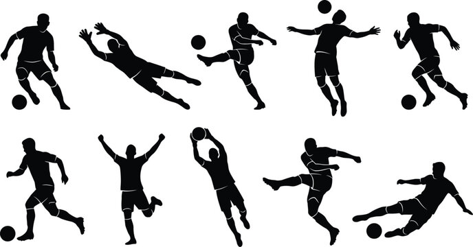 Black silhouettes of soccer players in various actions