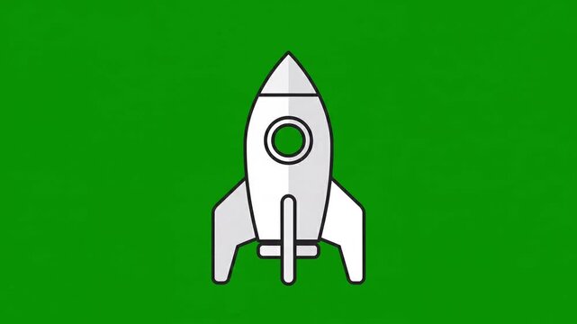 Minimalist rocket ship icon taking off with flame smoke on a solid chroma key green screen background
