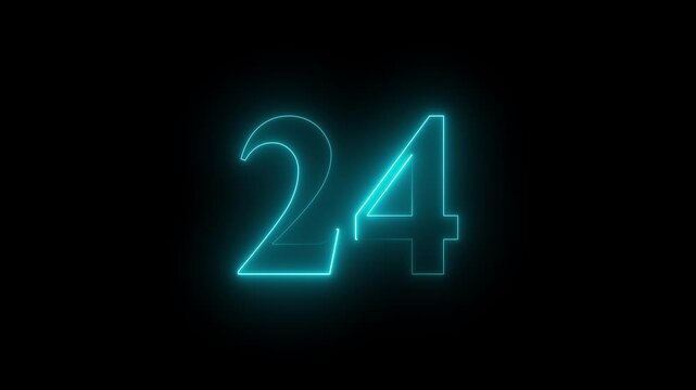 Neon 24 number mathematics text icon animation navy blue color text on black background.Number 24 vector illustration.