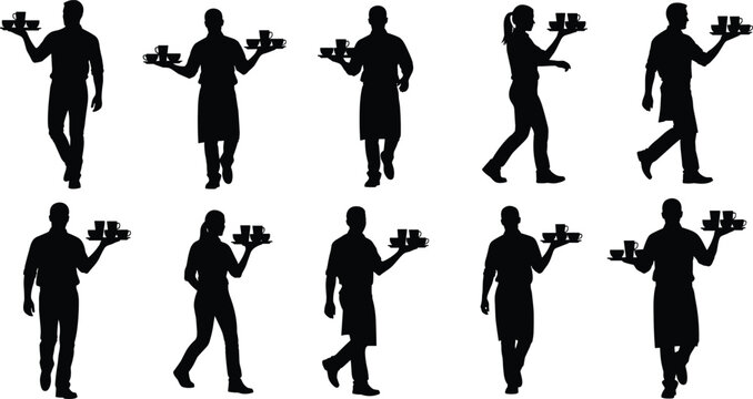 Collection of professional black silhouettes featuring waiters and waitresses serving drinks on trays isolated on white